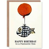 Artery8 Men's Happy Birthday Card to a Fantastic Son Fun Balloon Fish Fishing Fisherman Angler in Off-White