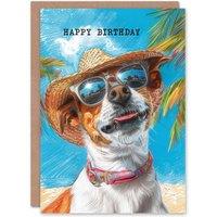 Artery8 Men's Birthday Card Jack Russell Dog Lover Tropical Vacation Portrait For Him Dad Brother Son Papa Grandad Greeting Card in Blue