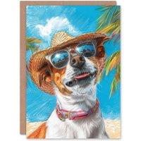 Artery8 Men's Birthday Card Tropical Vacation Portrait Jack Russell Dog Lover For Him Dad Brother Son Papa Grandad Greeting Card in Blue