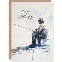 Artery8 Men's Elderly Man Fishing Soft Watercolour Portrait Birthday Card in White