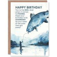 Artery8 Men's The Reel Deal Lake Fishing Pun Blue Watercolour Birthday Card