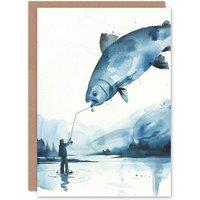 Artery8 Men's Legendary Catch Reel Fishing Fish Watercolour Birthday Card in Blue