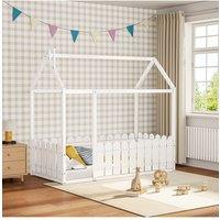 Living and Home Wooden House Children's Bed with Fence and Roof in White