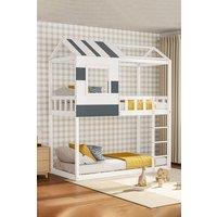 Living and Home Modern Twin Bunk Bed Slatted Board House Shaped in White