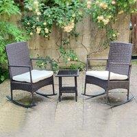 FURNITURE ONE 3-Piece Outdoor Rattan Bistro Set, 2 Seater Patio Rocking Chairs with Glass Top Coffee Table in Brown