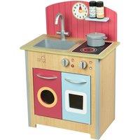 Teamson Kids Classic Porto Interactive Wooden Pretend Play Toy Kitchen, Red/Wood Grain in Red
