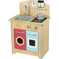 Teamson Kids Classic Porto Interactive Wooden Pretend Play Toy Kitchen, Wood Grain/Red
