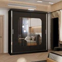 MN Furniture Wardrobe with Double Sliding Mirror Door-LED Light 180x217cm in Black | Size: 180x217 cm