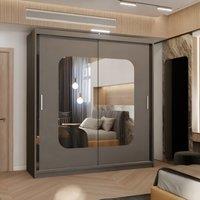 MN Furniture Wardrobe with Double Sliding Mirror Door-LED Light 203x217cm in Grey | Size: 203x217 cm
