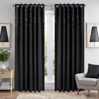 Luxury Living Triple Woven Blackout Velvet Diamante Ring Top Curtains in Black | Size: 167 cm width x 137 cm drop