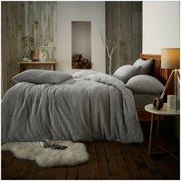 Smart Living Luxury Teddy Plain Duvet Cover & Pillowcase Set in Silver | Size: Double