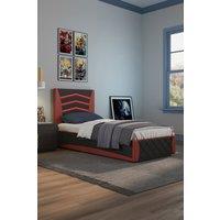 SlumberWorx Galaxy Ottoman Storage LED Headboard Gaming Single Black Bed Frame w 15cm Comfort Foam Mattress in Red