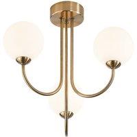 Happy Homewares Modern Designer Antique Brass Ceiling Light with Opal White Globe Glass Shades in Metallic Gold