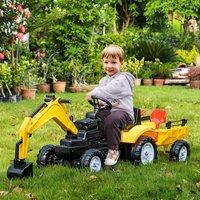 HOMCOM Ride-On Toy Pedal Digger Contruction Car with Horn & Detachable Trailer - Yellow
