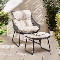 FurnitureboxUK Tahiti Wicker Style PE Rattan Outdoor Garden Chair + Footrest, Greige Cushions, Wicker Style Chair in Grey