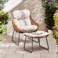 FurnitureboxUK Tahiti Wicker Style PE Rattan Outdoor Garden Chair + Footrest, Greige Cushions, Wicker Style Chair in Light Beige