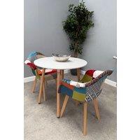 Life Interiors Patchwork Halo Dining Set for 2 - a Round Dining Table & Set of 2 Fabric Dining Chairs with Armrests in White