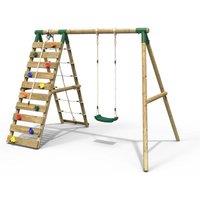 OutdoorToys Wooden Single Swing Set with Up & Over Climbing Wall - Aria Green