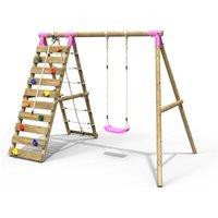 OutdoorToys Wooden Single Swing Set with Up & Over Climbing Wall - Aria Pink