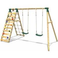 OutdoorToys Wooden Double Swing Set with Up & Over Climbing Wall - Ela Green