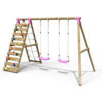 OutdoorToys Wooden Double Swing Set with Up & Over Climbing Wall - Ela Pink