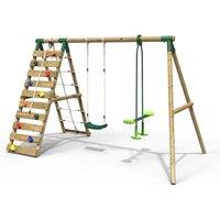 OutdoorToys Wooden Double Swing Set with Glider & Up & Over Climbing Wall - Isla Green