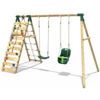 OutdoorToys Wooden Double Swing Set with Baby Seat & Up & Climbing Wall - Kai Green