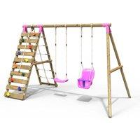 OutdoorToys Wooden Double Swing Set with Baby Seat & Up & Climbing Wall - Kai Pink