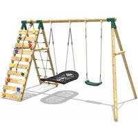 OutdoorToys Wooden Double Swing Set with Boat Swing & Climbing Wall - Sage Green