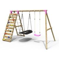 OutdoorToys Wooden Double Swing Set with Boat Swing & Climbing Wall - Sage Pink