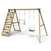 OutdoorToys Wooden Double Swing Set with Trapeze Bar & Climbing Wall - Savannah Green