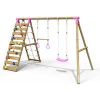 OutdoorToys Wooden Double Swing Set with Trapeze Bar & Climbing Wall - Savannah Pink