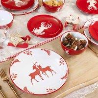 Dibor 18 Piece Red Plates & Bowls Reindeer Christmas Dinner Set 6 Person Christmas Crockery Set