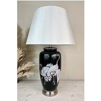 Downton Interiors Black Crane Ceramic Table Lamp with Plain Shade (G2121 Plain) | Size: Large