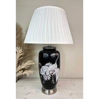 Downton Interiors Black Crane Ceramic Table Lamp with Pleated Shade (G2121 Pleated) | Size: Large