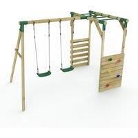 OutdoorToys Wooden Double Swing Set with Climbing Wall & Monkey Bars - Venus Green