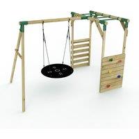 OutdoorToys Wooden Single Swing Set with Climbing Wall & Monkey Bars - Mercury Green