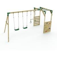 OutdoorToys Wooden Swing Set with Trapeze, Climbing Wall & Monkey Bars - Comet Green