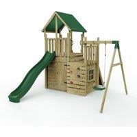 OutdoorToys Wooden Climbing Frame with Play Tower & Slide - M8 Single Swing in Brown