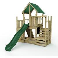 OutdoorToys Wooden Climbing Frame with Play Tower, Climbing Wall & Slide - M21 Ramp in Brown
