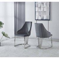 Modernique Set of 2 Velvet Upholstered Dining Chairs with Chrome Metal Legs in Grey