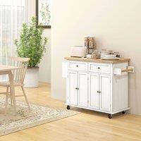 HOMCOM Rolling Kitchen Island Cart with Rubber Wood Top, Spices in White