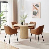 FurnitureboxUK Penrose Oak Effect Round Dining Table & 4 Calla Faux Leather Chairs in Tan
