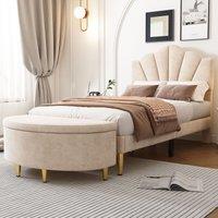 Matteo Velvet Upholstered Single Bed with Storage Bench, Beige