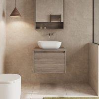 Banyetti Mino 600mm Wall Hung Vanity Unit with Matching Worktop-Nebraska Oak in Brown