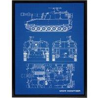 Artery8 M109 Howitzer Artillery US Military Blueprint Framed Canvas Wall Art Print in Blue | Size: W18 x H24