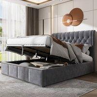 BTM Upholstered bed, functional storage bed, rivet decoration, velvet in Grey | Size: Double