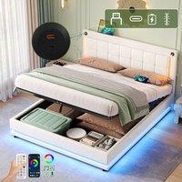 BTM Beige 4ft6 Double LED Hydraulic Bed with Charging & Tufted Headboard