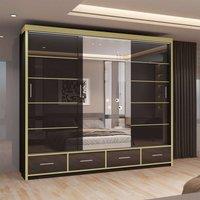 MN Furniture High Gloss Sliding Mirror Wardrobe - LED Light 253cm x 220cm in Black | Size: 253 cm x 220 cm