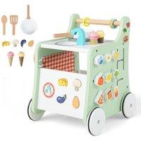 Costway 6-in-1 Wooden Baby Walker Activity Wooden Toy Activity Center w/ Play Kitchen in Green